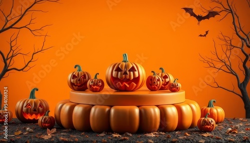A Halloween scene with pumpkins and bats. The pumpkins are arranged on a table and there are several of them, some of which have scary faces. The bats are flying around the scene