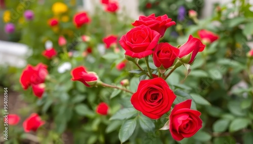 A bunch of red roses are in a garden. The roses are in full bloom and are very beautiful