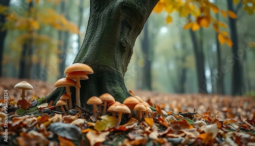 A tree with mushrooms growing on it. The mushrooms are orange and there are many of them. The image has a peaceful and natural feel to it