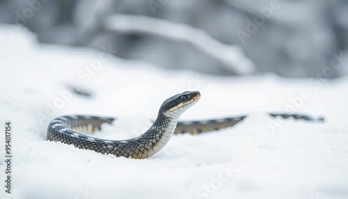 A snake is laying in the snow. The snake is curled up and he is resting