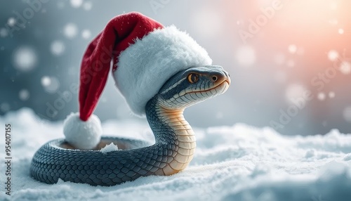 A snake wearing a Santa hat is sitting on a snowy surface. The image has a festive and playful mood, as the snake is dressed up in a hat and he is enjoying the winter season