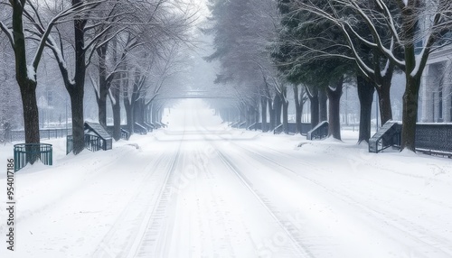 A snowy street with a row of trees and benches. The street is empty and quiet, with no cars or people visible. The snow-covered ground and trees create a peaceful and serene atmosphere