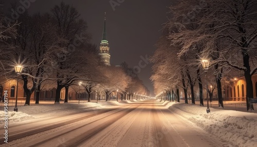 A snowy street with a church in the background. The street is lit up by street lights and the snow is falling