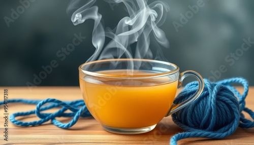 A cup of tea with steam rising from it and a ball of yarn next to it. Concept of warmth and comfort, as the tea and yarn are often associated with relaxation and leisure