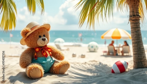 A teddy bear is sitting on the beach under an umbrella. The beach is empty and the sky is clear