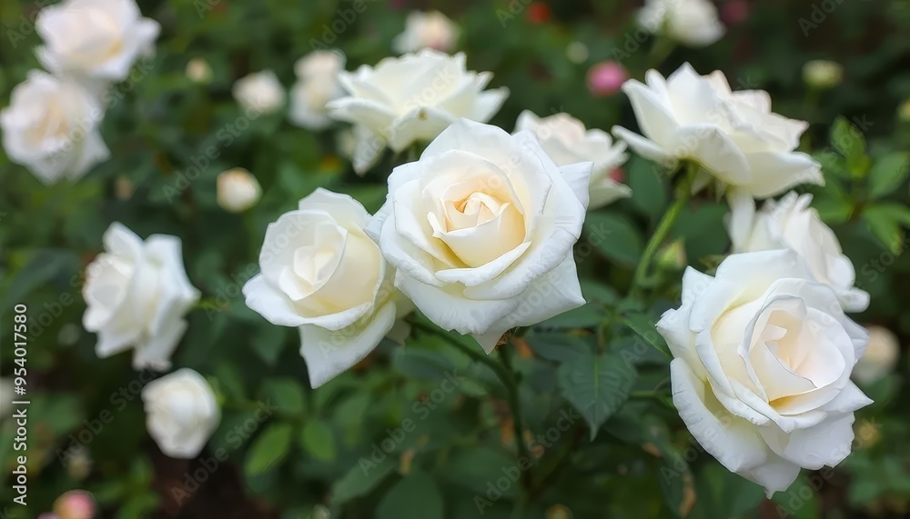 A bunch of white roses are in a garden. The roses are in full bloom and are very pretty A bunch of white roses are in a garden. The roses are in full bloom and are very pretty