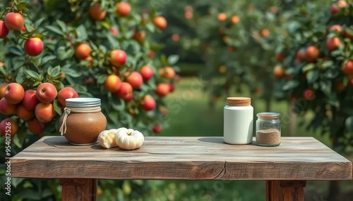 A table with jars of food and apples