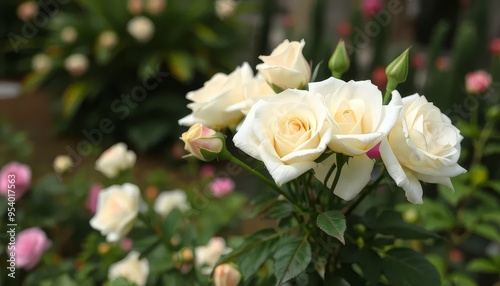 A bouquet of white roses is in a garden with other flowers. The roses are the main focus of the image, and they are arranged in a way that makes them stand out