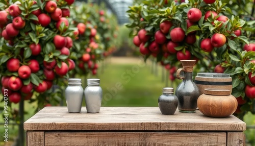 A table with a vase, two jars, and a bowl of apples