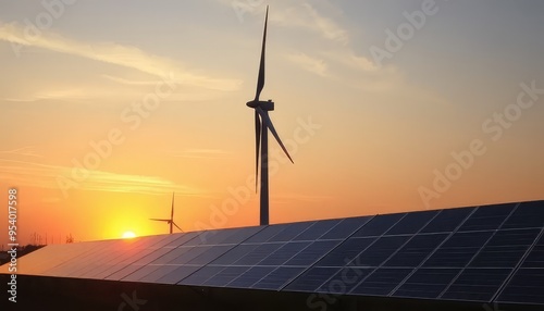 A wind turbine is in the foreground of a solar panel field. The sun is setting in the background, creating a warm and peaceful atmosphere