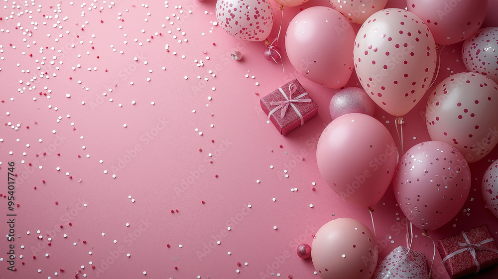 Pink background with balloons and confetti Pink background with balloons and confetti