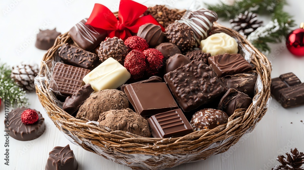 A basket overflowing with an assortment of delicious chocolates, perfect for a sweet treat or a special gift. A basket overflowing with an assortment of delicious chocolates, perfect for a sweet treat or a special gift.