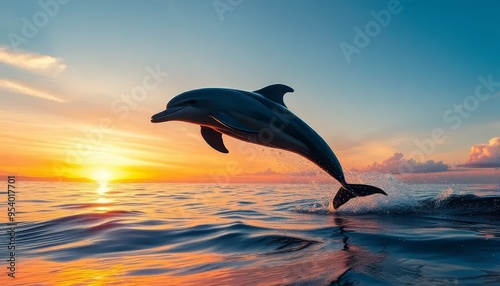 A dolphin leaps out of the water, its tail flapping in the air. The scene is set against a backdrop of a beautiful sunset, creating a serene and peaceful atmosphere