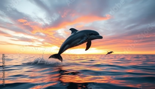 A dolphin leaps out of the water, its tail flapping in the air. The sky is a beautiful mix of orange and pink hues, creating a serene and peaceful atmosphere