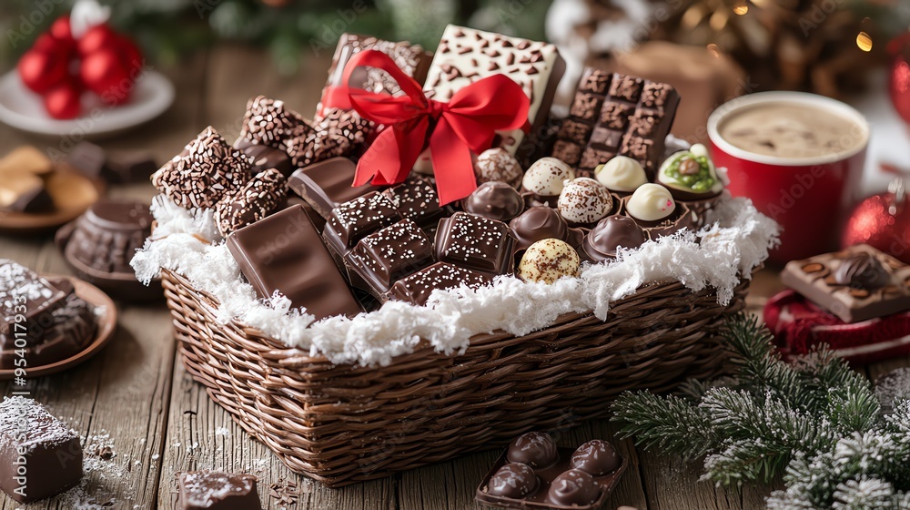 A delicious assortment of chocolates in a wicker basket, surrounded by festive Christmas decorations. The perfect gift for any chocolate lover. A delicious assortment of chocolates in a wicker basket, surrounded by festive Christmas decorations. The perfect gift for any chocolate lover.