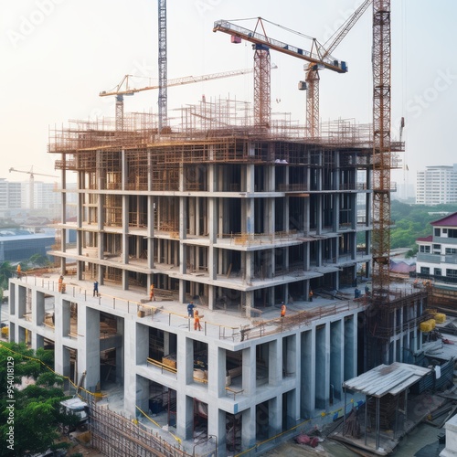 Modern construction site under development and construction with multiple cranes