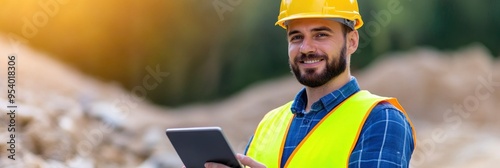 At a construction site, a worker donning a hard hat and reflective vest utilises a tablet. The picture demonstrates how technology is used in the building sector. photo