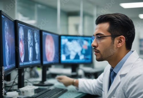 A male doctor is focused on analyzing medical scans on multiple monitors in a modern laboratory setting.