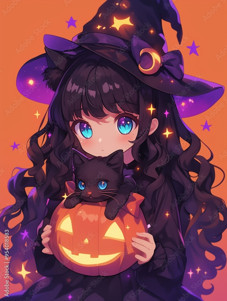 Enchanting Witch with Pumpkin - Halloween Magic Illustration Enchanting Witch with Pumpkin - Halloween Magic Illustration