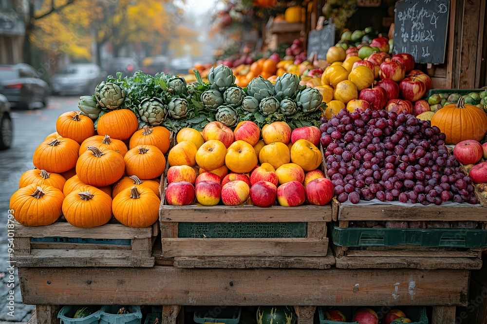 A fruit stand with a variety of apples, oranges, and grapes A fruit stand with a variety of apples, oranges, and grapes
