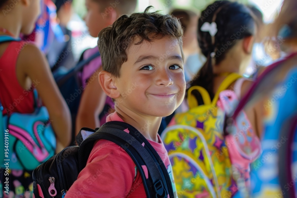A young boy with a backpack is smiling and looking at the camera A young boy with a backpack is smiling and looking at the camera