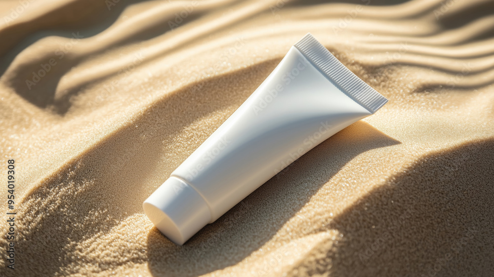 A close-up of a cosmetic product white tube on the sand A close-up of a cosmetic product white tube on the sand