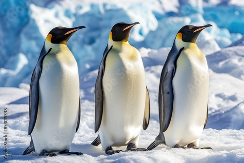 Emperor penguins stand on an ice floe