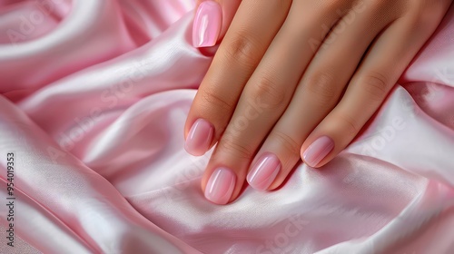 Wallpaper Mural Close-up of a hand with pink nail polish on pink silk fabric. Torontodigital.ca