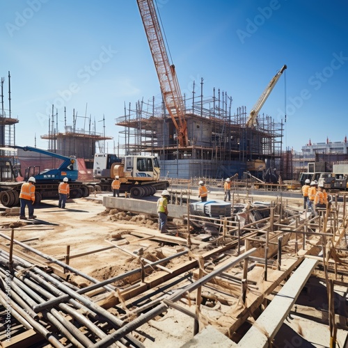 Modern construction site under development and construction with multiple cranes