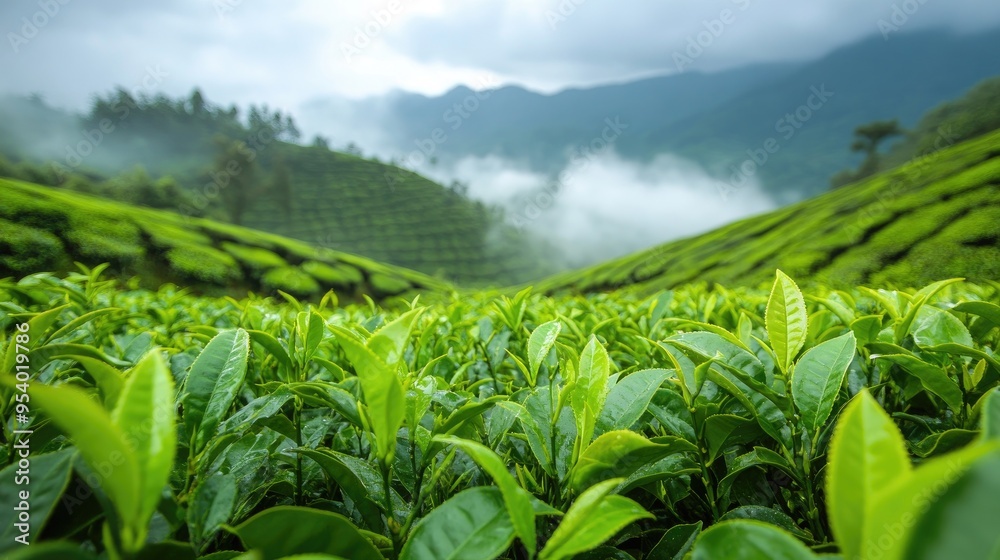 Close-up view of lush green tea plantation. Perfect for showcasing the beauty and tranquility of nature, especially for tea-related products or articles. Close-up view of lush green tea plantation. Perfect for showcasing the beauty and tranquility of nature, especially for tea-related products or articles.