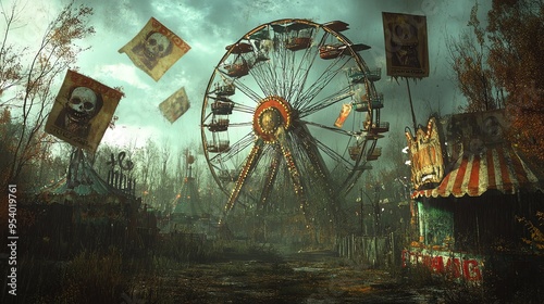 A rusty ferris wheel stands tall in a foggy forest, its once vibrant colors faded with time.