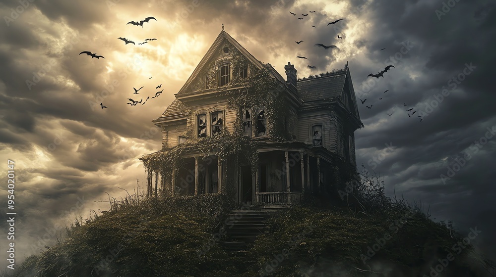 A mysterious, ivy-covered mansion stands against a stormy sky, with bats flying overhead. The scene evokes a sense of mystery and intrigue. A mysterious, ivy-covered mansion stands against a stormy sky, with bats flying overhead. The scene evokes a sense of mystery and intrigue.