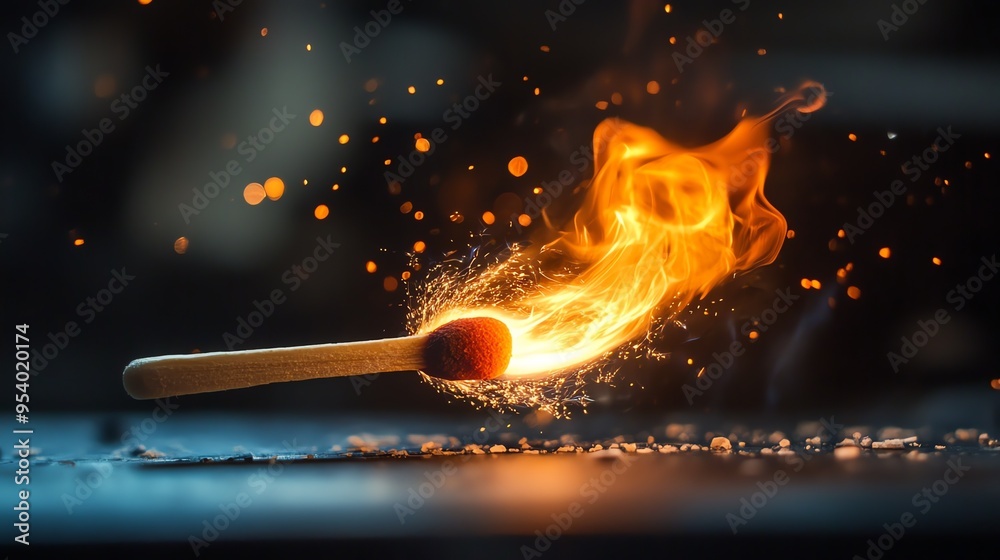 A close-up of a match being struck, the head of the match is ablaze with a bright orange flame, and sparks fly off in all directions. A close-up of a match being struck, the head of the match is ablaze with a bright orange flame, and sparks fly off in all directions.