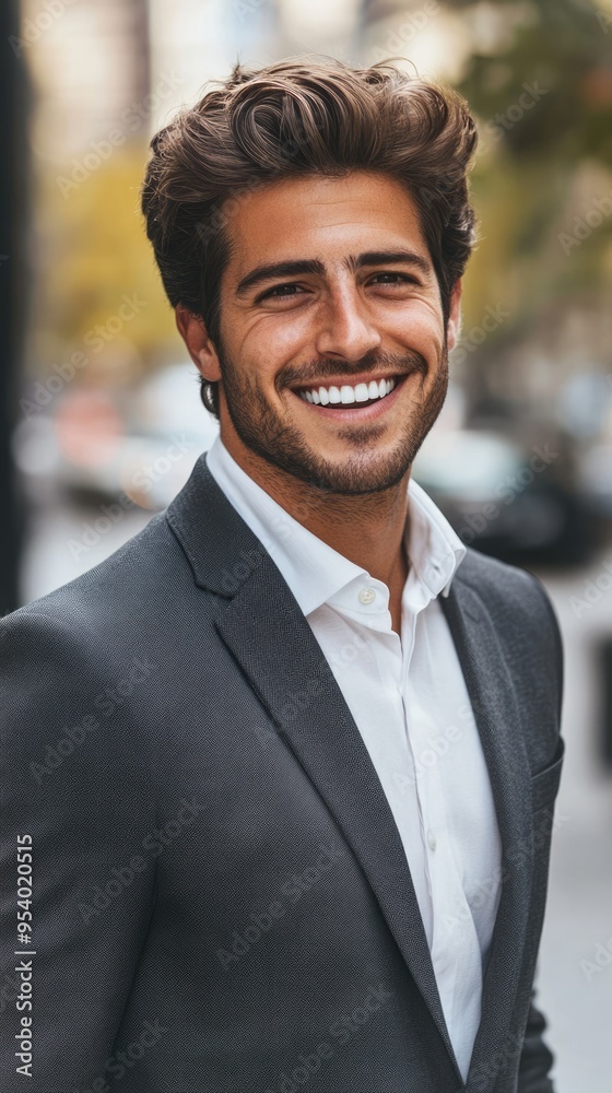 Smiling successful businessman dressed in gray suit and white shirt outdoors in the city Smiling successful businessman dressed in gray suit and white shirt outdoors in the city