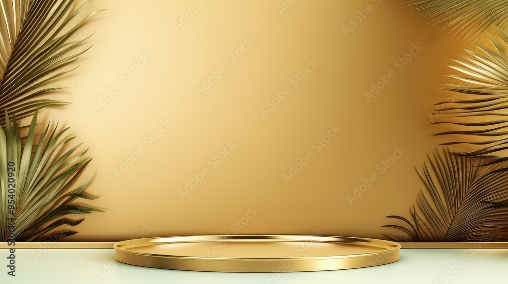 A luxurious golden backdrop with palm leaves and a circular platform, suitable for presentations or displays. A luxurious golden backdrop with palm leaves and a circular platform, suitable for presentations or displays.