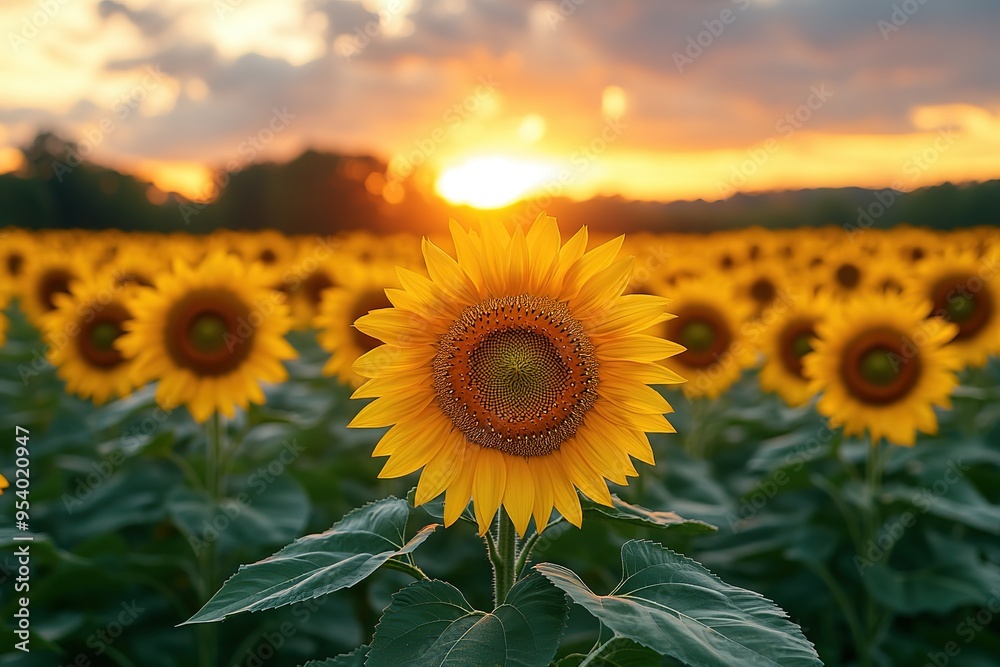 Fototapeta premium A field of sunflowers with a single sunflower in the foreground