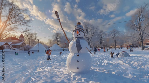 A 3D snowman holding a broomstick, positioned in the center of a snow-covered park with children building snow forts in the background photo