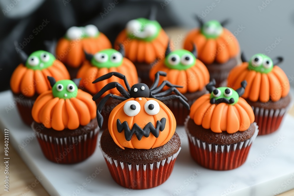 Halloween cupcakes decorated with pumpkins and spiders, creating a spooky and festive display for a holiday party. Helloween food Halloween cupcakes decorated with pumpkins and spiders, creating a spooky and festive display for a holiday party. Helloween food