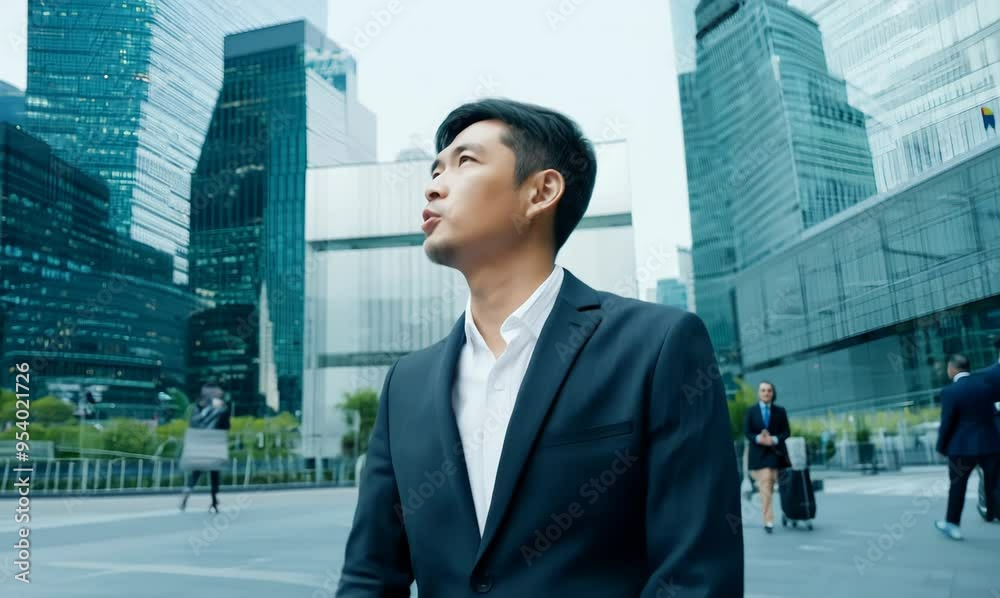 Japanese Man Walking and Talking Outside Office Building Japanese Man Walking and Talking Outside Office Building