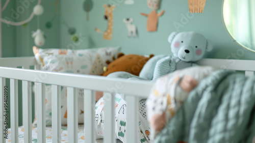 Wallpaper Mural A cozy baby crib in a pastel-themed nursery with plush toys. Torontodigital.ca