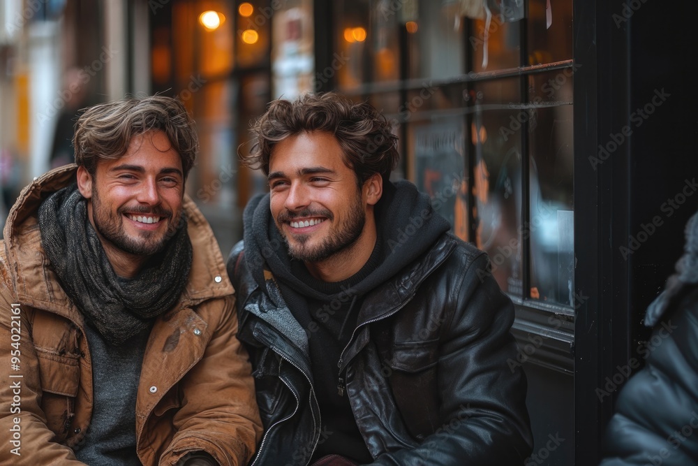Two men are sitting outside, smiling and laughing Two men are sitting outside, smiling and laughing