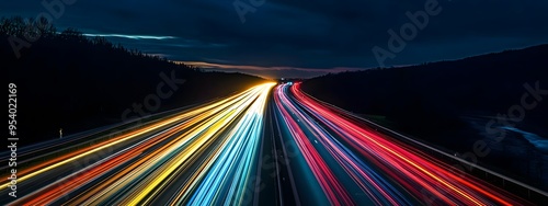 A long exposure photograph of the lights from cars on a highway at night
