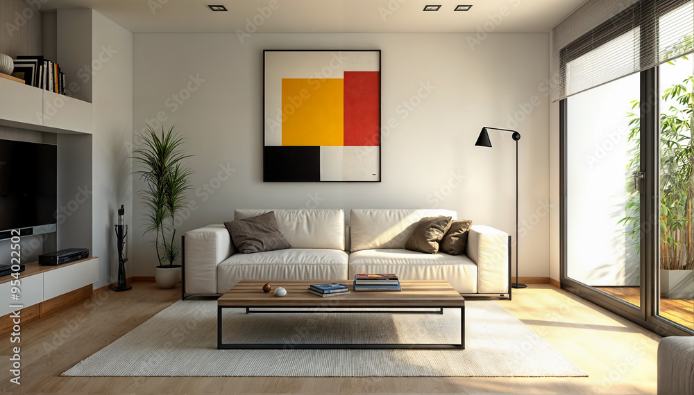 Yellow, white, red and beige. Contemporary luxury living room with elegant abstract painting on the wall with beige colour tones.