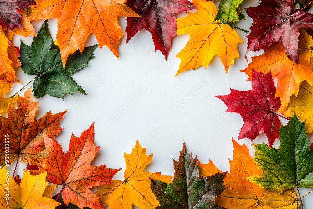 Fototapeta premium Autumn Maple Leaves Flat Lay White Background created with Generative AI