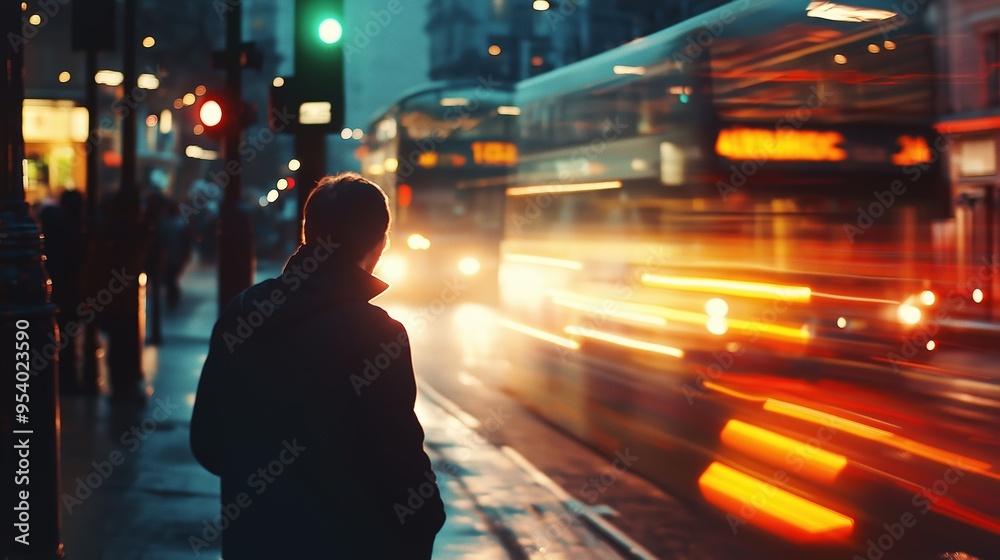 Traffic at night. City at night with buses and people Traffic at night. City at night with buses and people