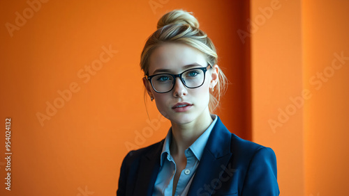 young blue dressed business woman with glasses