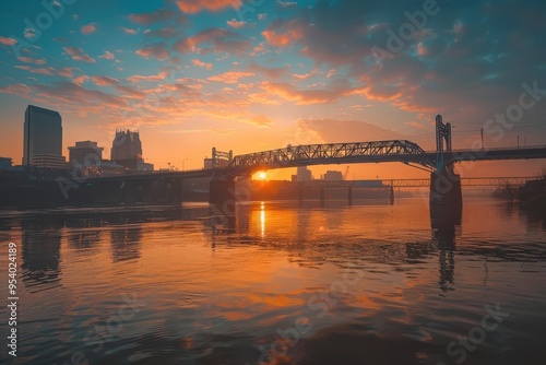 Bridge Over River at Sunset: Urban Skyline and Architecture Reflecting on Water