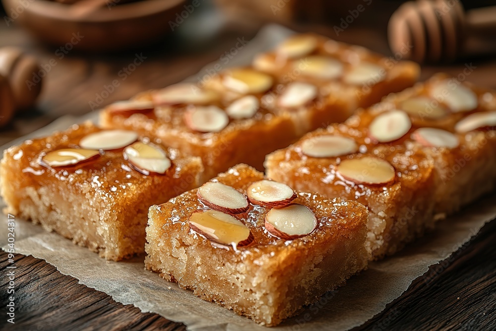 A plate of almond bars sits on a wooden table A plate of almond bars sits on a wooden table