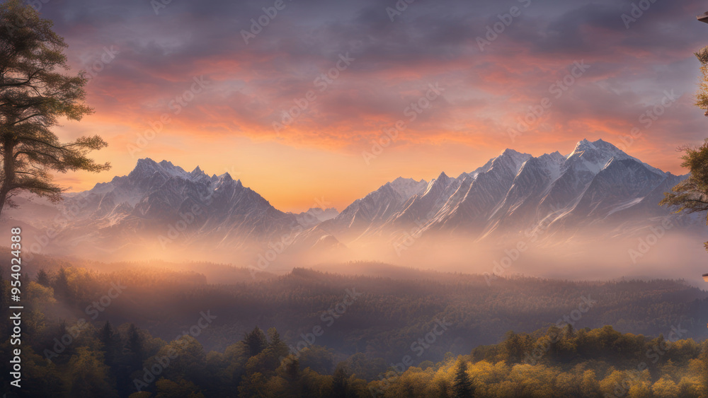 mountain view in evening with sunset