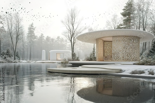 A white house with a dome shaped roof sits on a lake photo